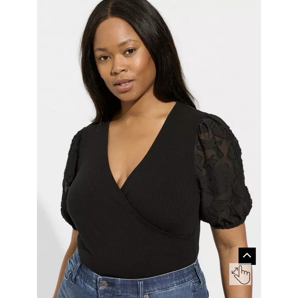Torrid Super Soft Rib V-Neck Novelty Sleeve Surplice Top Black 5 5X #G35123 NWT